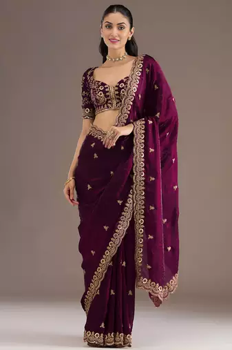 Wine color stylish tissue fabric designer embroidered fancy ethnic partywear saree