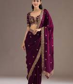 Wine stylish tissue fabric designer embroidered fancy ethnic partywear saree