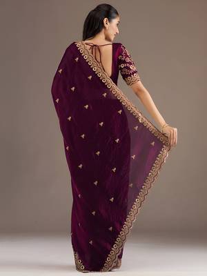 Wine stylish tissue embroidered fancy ethnic partywear saree 2