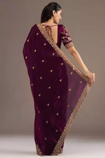 Wine stylish tissue embroidered fancy ethnic partywear saree