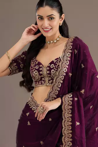 Wine stylish tissue embroidered fancy ethnic partywear saree