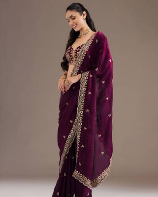 Wine stylish tissue embroidered fancy ethnic partywear saree 4