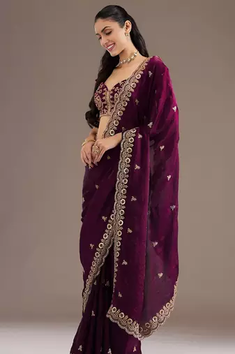 Wine stylish tissue embroidered fancy ethnic partywear saree