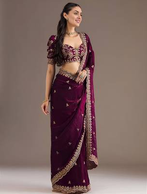 Wine stylish tissue embroidered fancy ethnic partywear saree 5