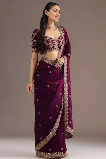 Wine stylish tissue embroidered fancy ethnic partywear saree