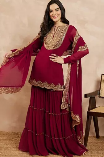 Elegant embroidered georgette top bottom dupatta set