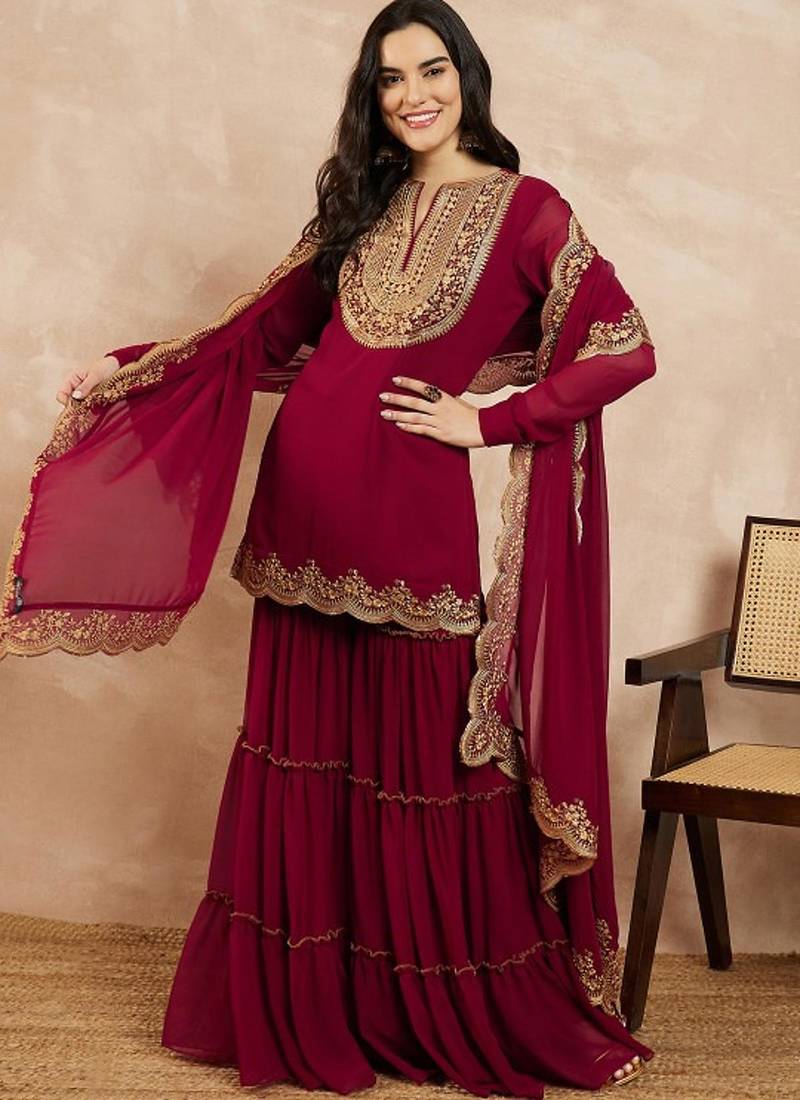 Elegant embroidered georgette top bottom dupatta set