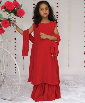Red embroidered georgette sharara set 1