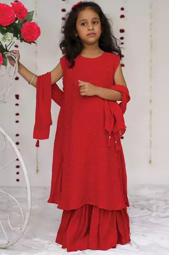 Red embroidered georgette sharara set