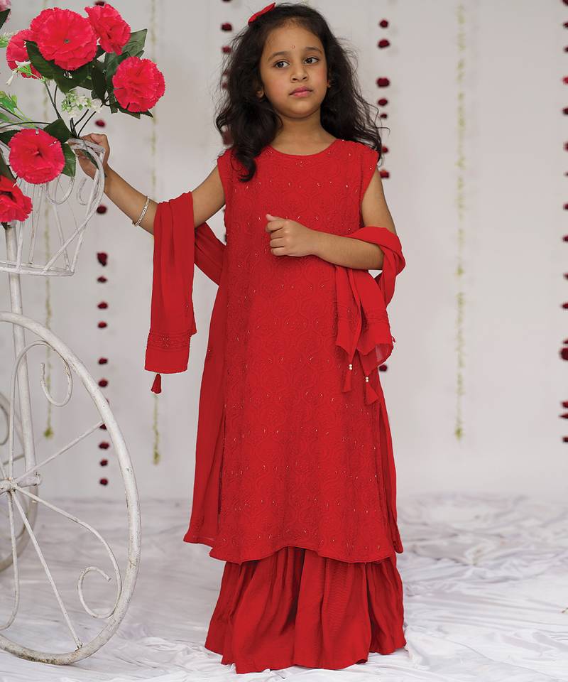 Red embroidered georgette sharara set