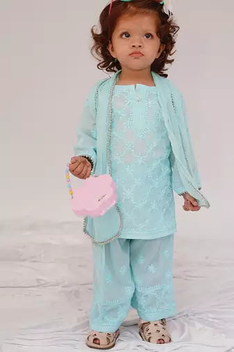 Blue embroidered cotton kurti set