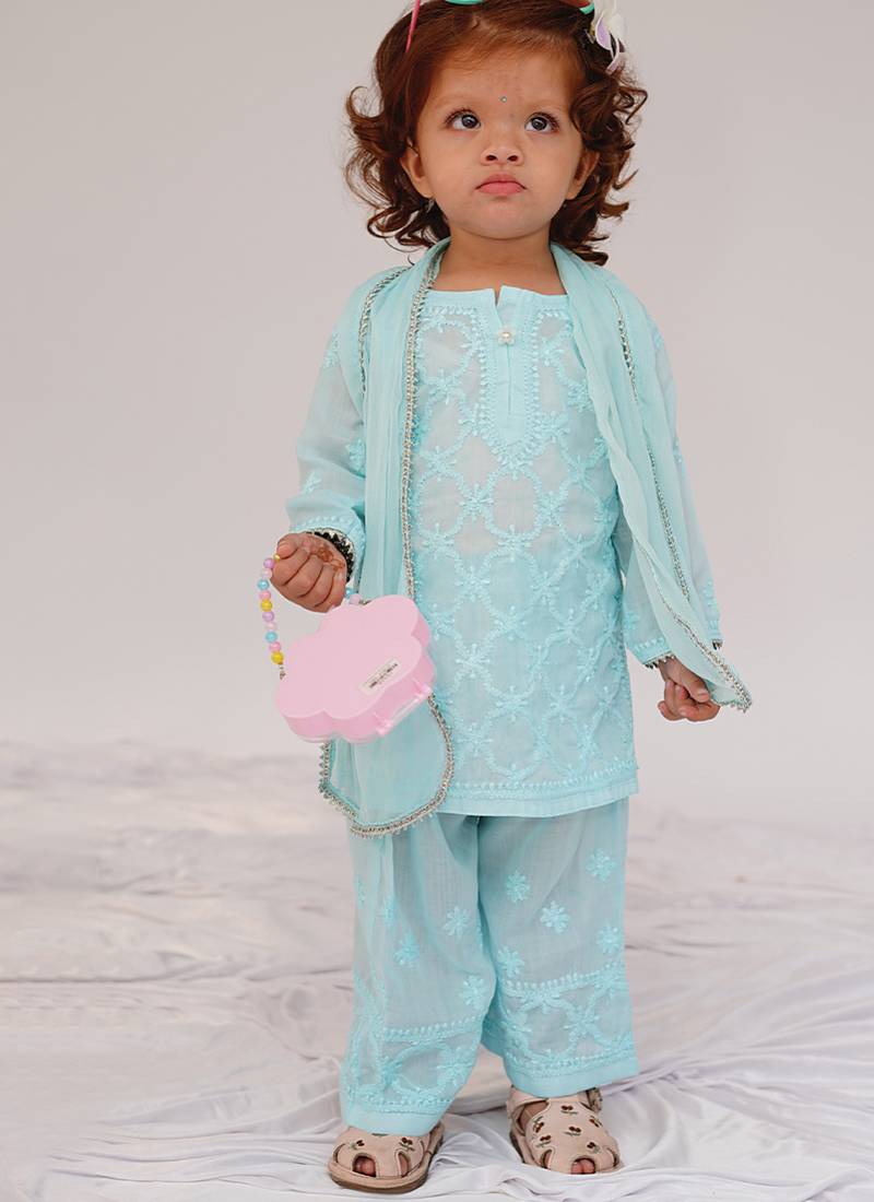 Blue embroidered cotton kurti set