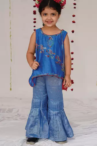 Royal blue embroidered pure chanderi sharara set