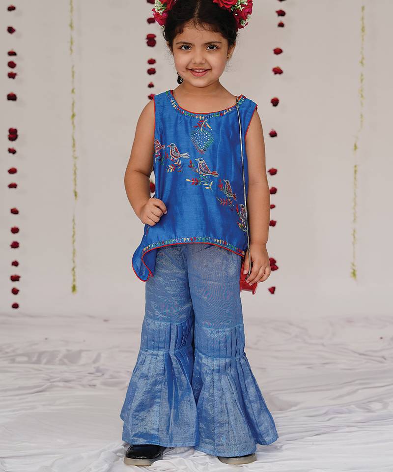 Royal blue embroidered pure chanderi sharara set