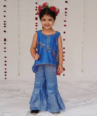 Royal blue embroidered pure chanderi sharara set 1