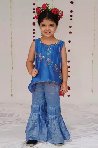 Royal blue embroidered pure chanderi sharara set