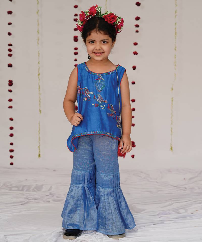 Royal blue embroidered pure chanderi sharara set