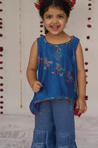 Royal blue embroidered pure chanderi sharara set