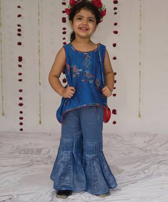 Royal blue embroidered pure chanderi sharara set 3