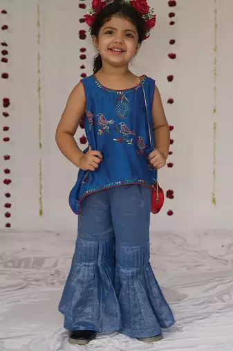 Royal blue embroidered pure chanderi sharara set