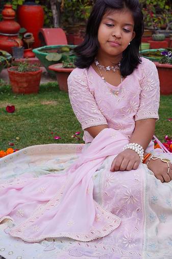 Pink embroidered pure georgette lehenga set
