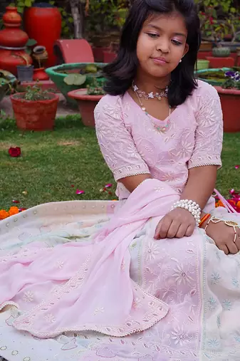 Pink embroidered pure georgette lehenga set