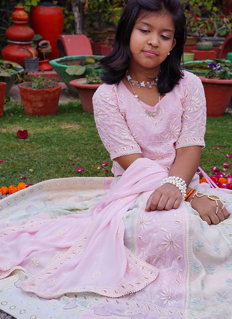 Pink embroidered pure georgette lehenga set