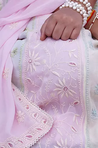 Pink embroidered pure georgette lehenga set