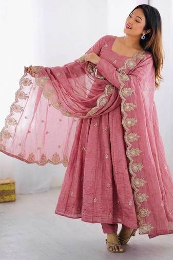 Pink Color Embroidery Sequence Work Gold Crush Silk Gown Set