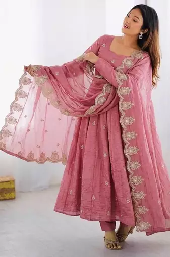 Pink Color Embroidery Sequence Work Gold Crush Silk Gown Set