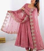 Pink Color Embroidery Sequence Work Gold Crush Silk Gown Set