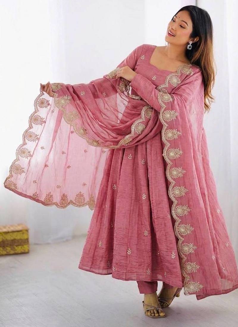 Pink Color Embroidery Sequence Work Gold Crush Silk Gown Set