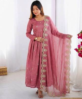 Pink Color Embroidery Sequence Work Gold Crush Silk Gown Set 2