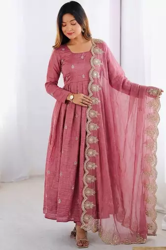 Pink Color Embroidery Sequence Work Gold Crush Silk Gown Set