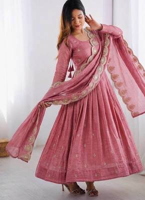 Pink Color Embroidery Sequence Work Gold Crush Silk Gown Set 3