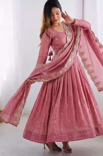 Pink Color Embroidery Sequence Work Gold Crush Silk Gown Set