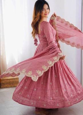 Pink Color Embroidery Sequence Work Gold Crush Silk Gown Set 4
