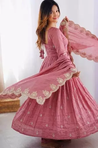 Pink Color Embroidery Sequence Work Gold Crush Silk Gown Set