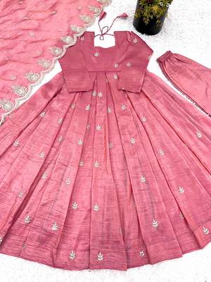 Pink Color Embroidery Sequence Work Gold Crush Silk Gown Set 5