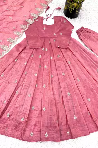 Pink Color Embroidery Sequence Work Gold Crush Silk Gown Set