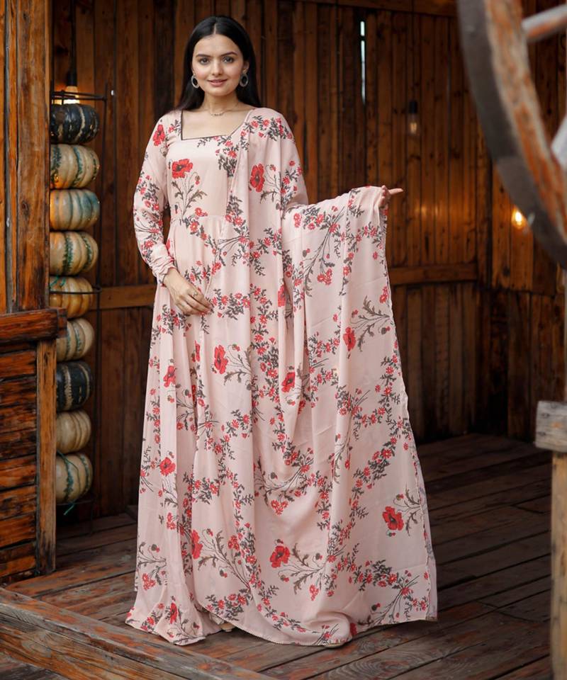 Designer baby pink full flaired faux gorgette gown