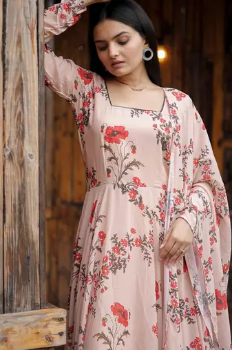Designer baby pink full flaired faux gorgette gown