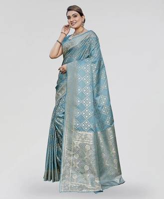 Teal blue zari woven banarasi silk traditional saree with blouse 1
