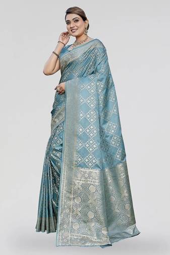 Teal blue zari woven banarasi silk traditional saree with blouse