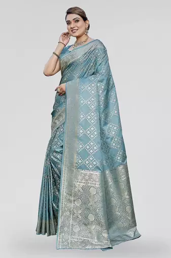 Teal blue zari woven banarasi silk traditional saree with blouse