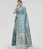 Teal blue zari woven banarasi silk traditional saree with blouse