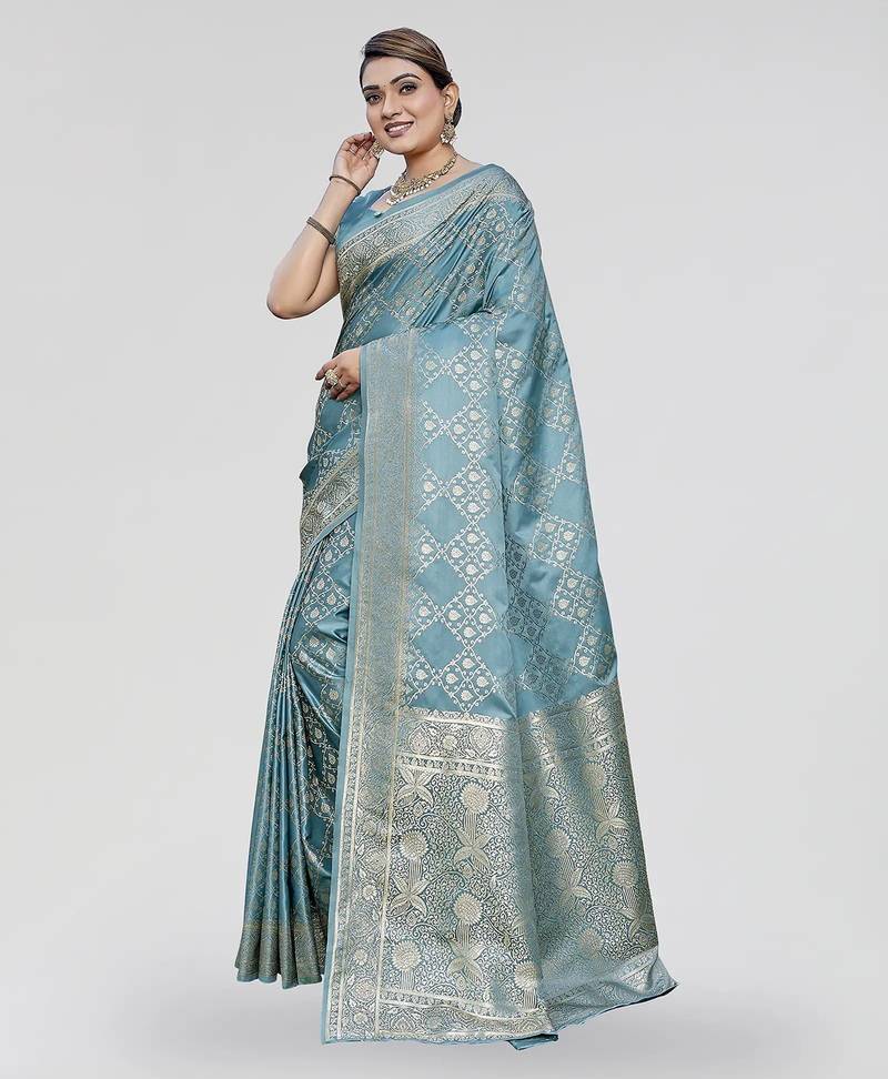 Teal blue zari woven banarasi silk traditional saree with blouse