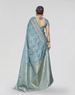 Teal blue zari woven banarasi silk traditional saree with blouse 2