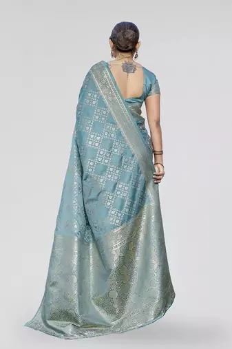 Teal blue zari woven banarasi silk traditional saree with blouse