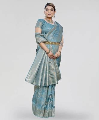 Teal blue zari woven banarasi silk traditional saree with blouse 3